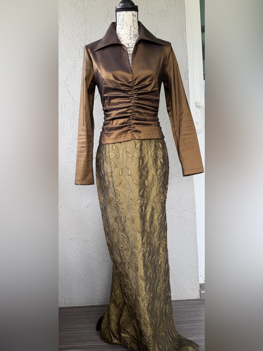 Vintage Tadashi Brown Metallic Ruched Satin Blouse and Brocade Skirt  RARE FIND